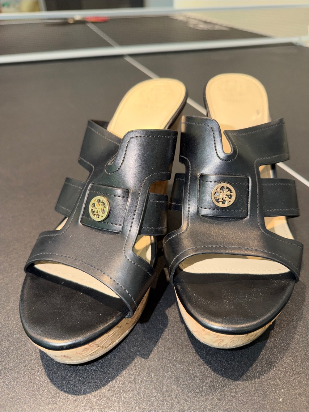 Guess Black Leather Cork Wedge Slide Sandals - Picture 3 of 5